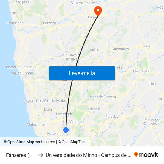 Fânzeres (Metro) to Universidade do Minho - Campus de Gualtar / Braga map