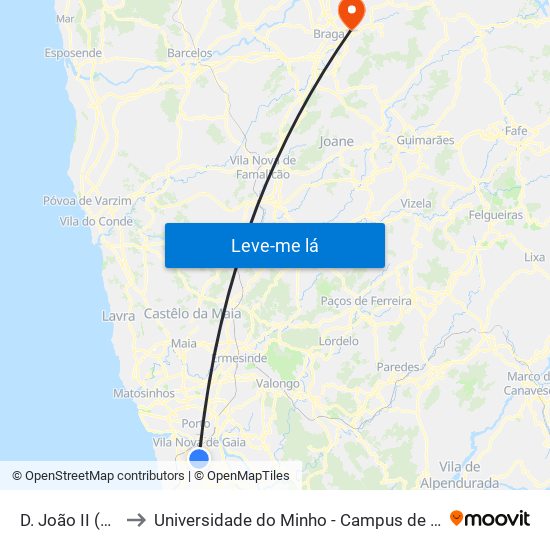 D. João II (Metro) to Universidade do Minho - Campus de Gualtar / Braga map