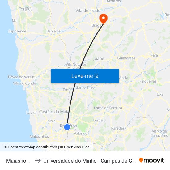 Maiashopping to Universidade do Minho - Campus de Gualtar / Braga map