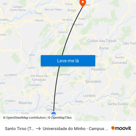 Santo Tirso (Terminal) to Universidade do Minho - Campus de Gualtar / Braga map