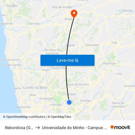 Rebordosa (Guardão) to Universidade do Minho - Campus de Gualtar / Braga map