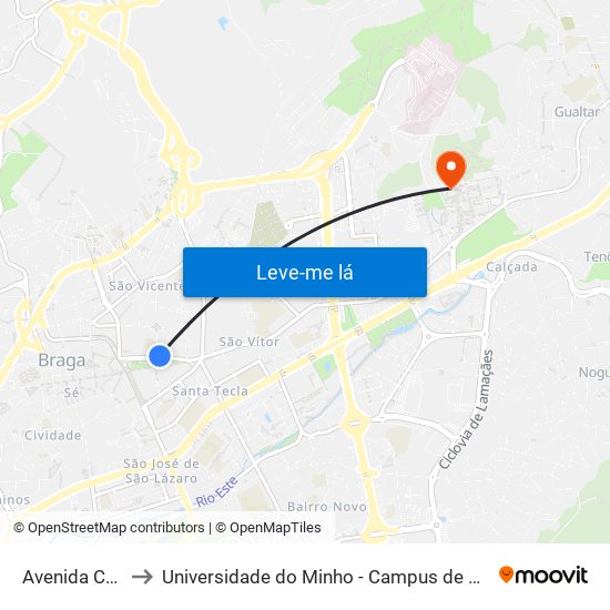 Avenida Central to Universidade do Minho - Campus de Gualtar / Braga map