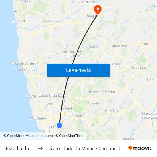 Estádio do Dragão (Terminal) to Universidade do Minho - Campus de Gualtar / Braga map
