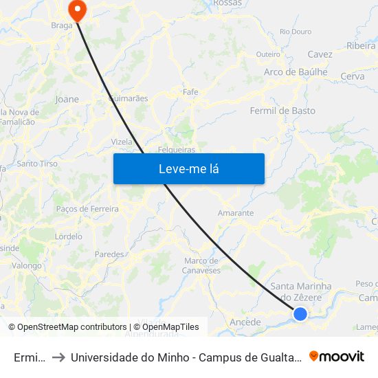 Ermida to Universidade do Minho - Campus de Gualtar / Braga map