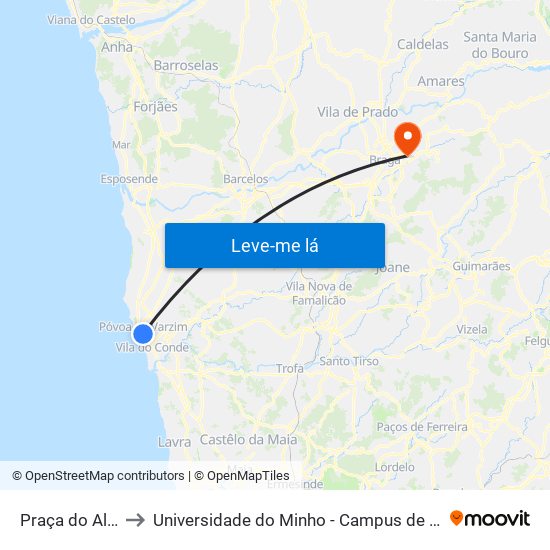 Praça do Almada to Universidade do Minho - Campus de Gualtar / Braga map