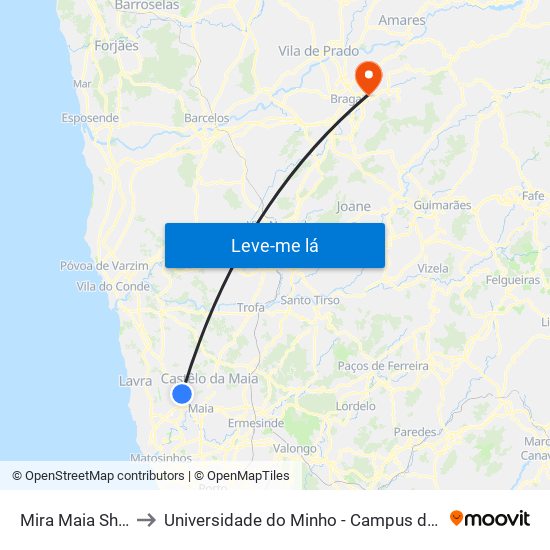 Mira Maia Shopping to Universidade do Minho - Campus de Gualtar / Braga map