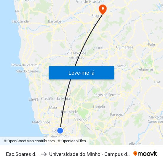 Esc.Soares dos Reis to Universidade do Minho - Campus de Gualtar / Braga map