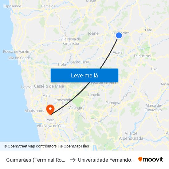 Guimarães (Terminal Rodoviário) to Universidade Fernando Pessoa map