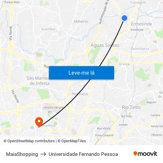 MaiaShopping to Universidade Fernando Pessoa map