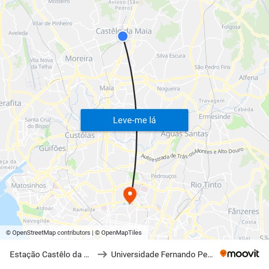 Estação Castêlo da Maia to Universidade Fernando Pessoa map
