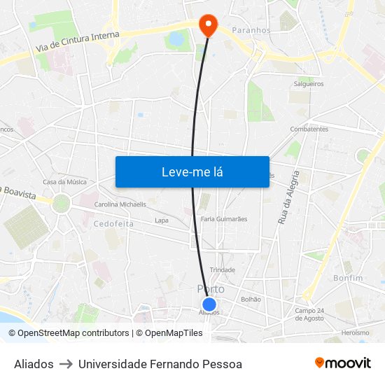 Aliados to Universidade Fernando Pessoa map