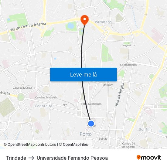 Trindade to Universidade Fernando Pessoa map