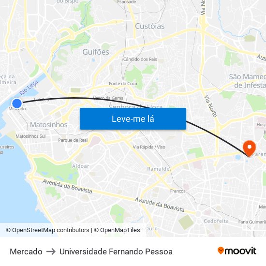 Mercado to Universidade Fernando Pessoa map