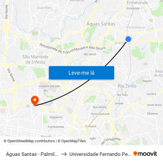 Águas Santas - Palmilheira to Universidade Fernando Pessoa map