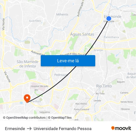 Ermesinde to Universidade Fernando Pessoa map