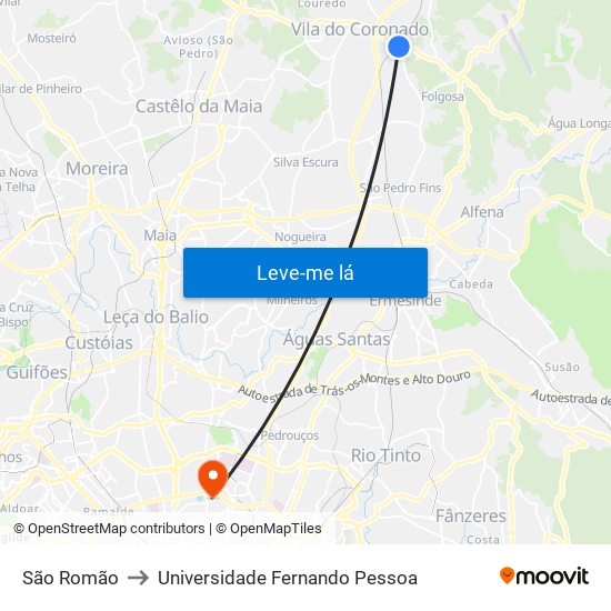 São Romão to Universidade Fernando Pessoa map