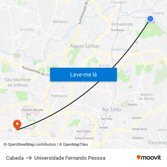 Cabeda to Universidade Fernando Pessoa map