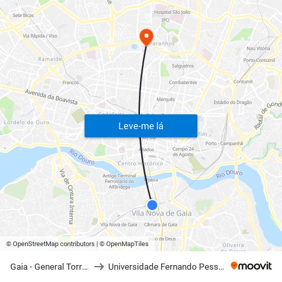 Gaia - General Torres to Universidade Fernando Pessoa map