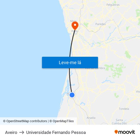 Aveiro to Universidade Fernando Pessoa map