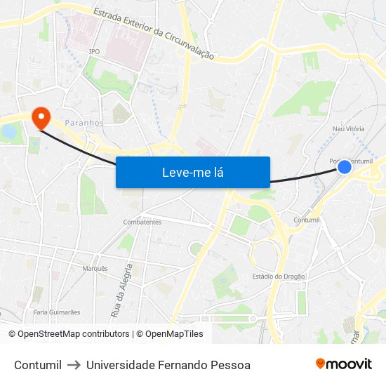 Contumil to Universidade Fernando Pessoa map