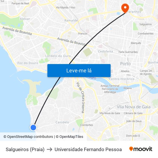 Salgueiros (Praia) to Universidade Fernando Pessoa map