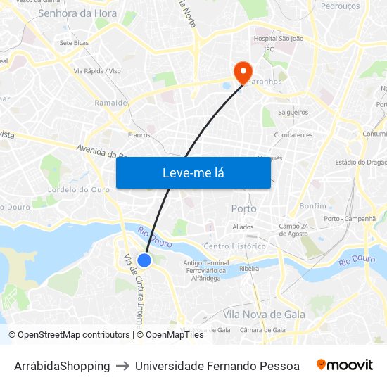 Arrábidashopping to Universidade Fernando Pessoa map