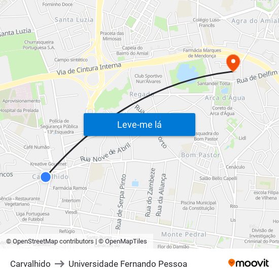 Carvalhido to Universidade Fernando Pessoa map