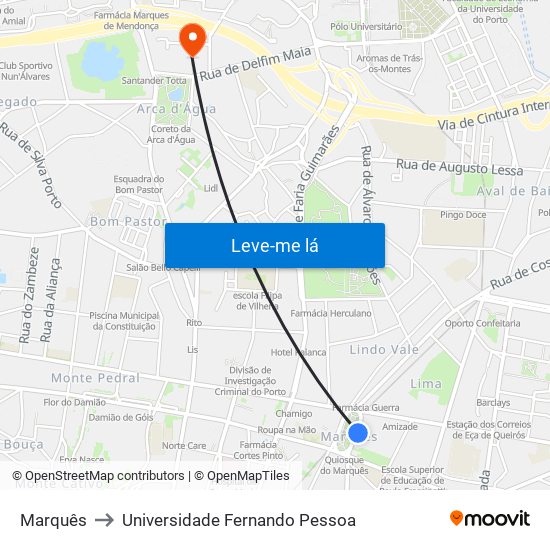 Marquês to Universidade Fernando Pessoa map