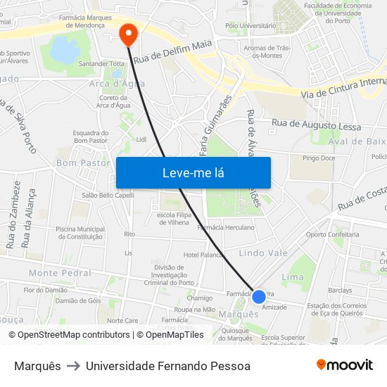 Marquês to Universidade Fernando Pessoa map