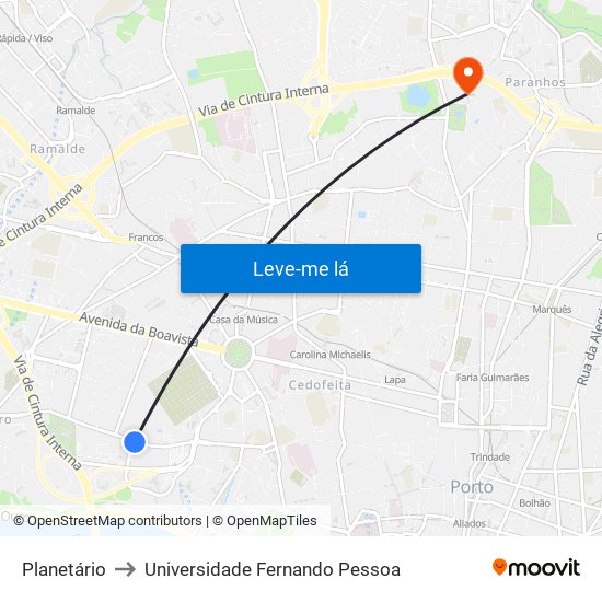 Planetário to Universidade Fernando Pessoa map