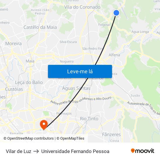 Vilar de Luz to Universidade Fernando Pessoa map