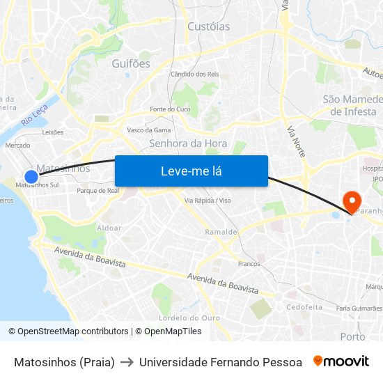 Matosinhos (Praia) to Universidade Fernando Pessoa map