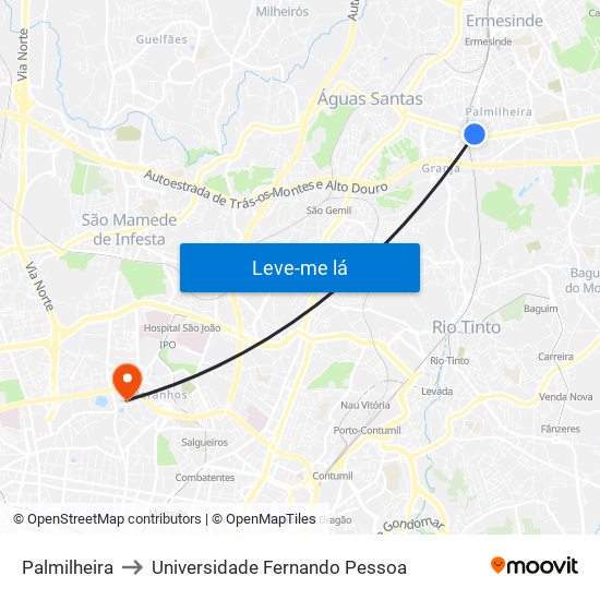 Palmilheira to Universidade Fernando Pessoa map