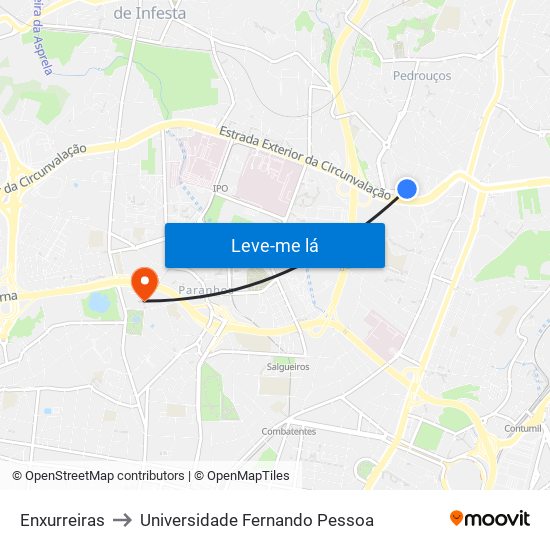 Enxurreiras to Universidade Fernando Pessoa map