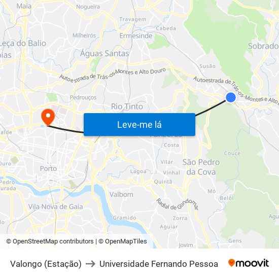Valongo (Estação) to Universidade Fernando Pessoa map