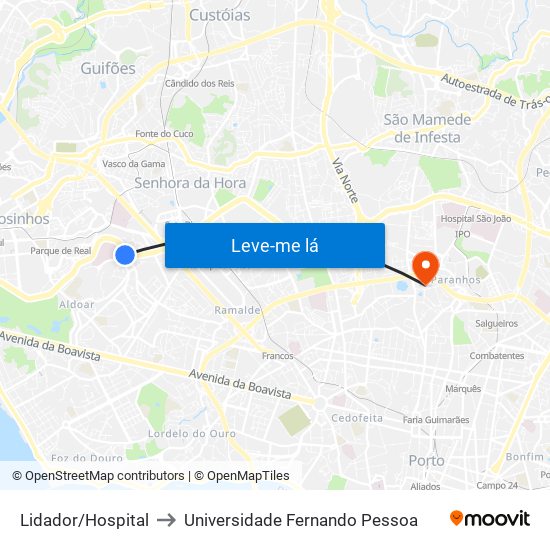 Lidador/Hospital to Universidade Fernando Pessoa map