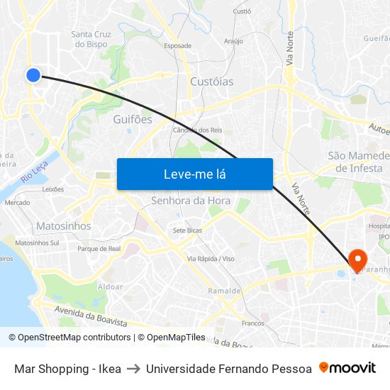 Mar Shopping - Ikea to Universidade Fernando Pessoa map