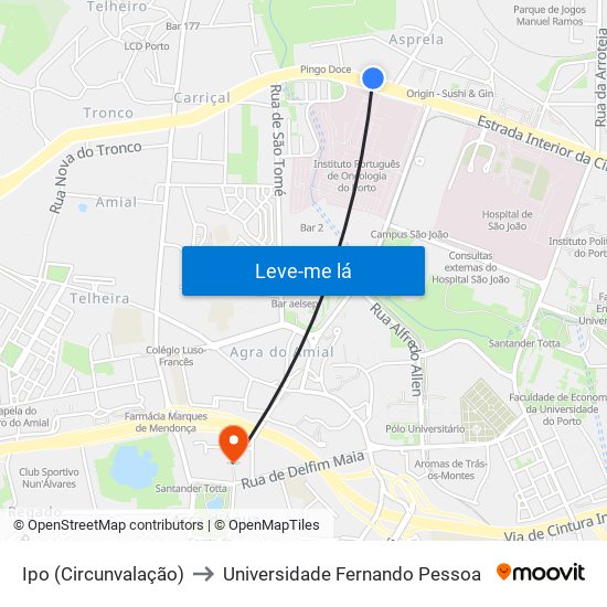 Ipo (Circunvalação) to Universidade Fernando Pessoa map