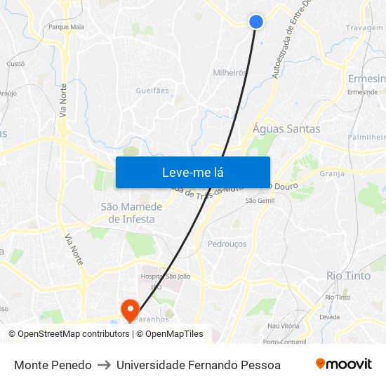 Monte Penedo to Universidade Fernando Pessoa map