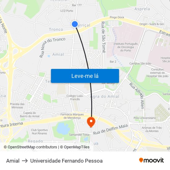 Amial to Universidade Fernando Pessoa map