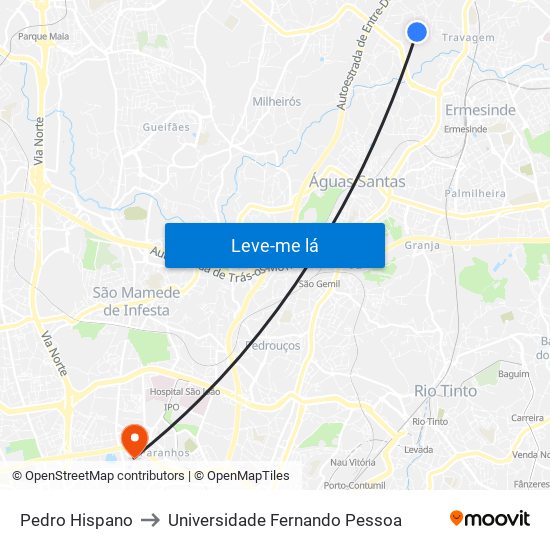 Pedro Hispano to Universidade Fernando Pessoa map