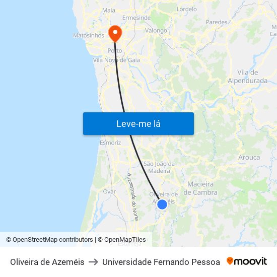 Oliveira de Azeméis to Universidade Fernando Pessoa map