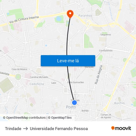 Trindade to Universidade Fernando Pessoa map