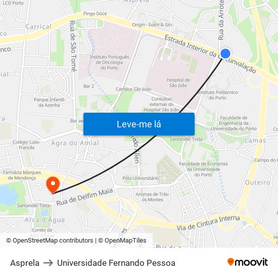 Asprela to Universidade Fernando Pessoa map