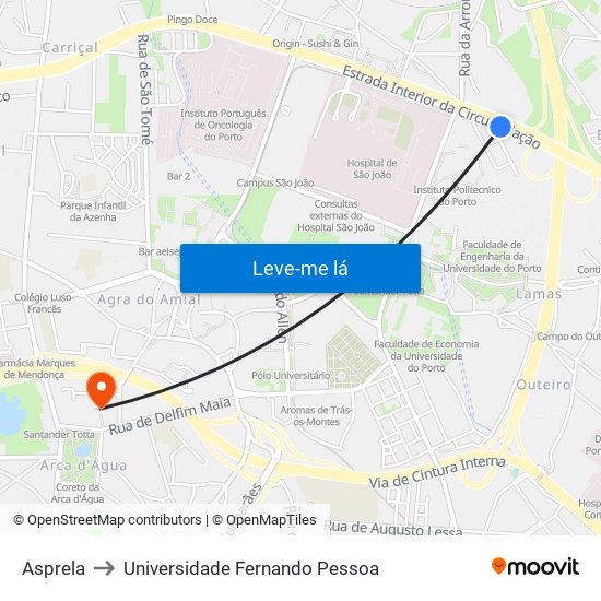 Asprela to Universidade Fernando Pessoa map