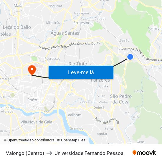 Valongo (Centro) to Universidade Fernando Pessoa map