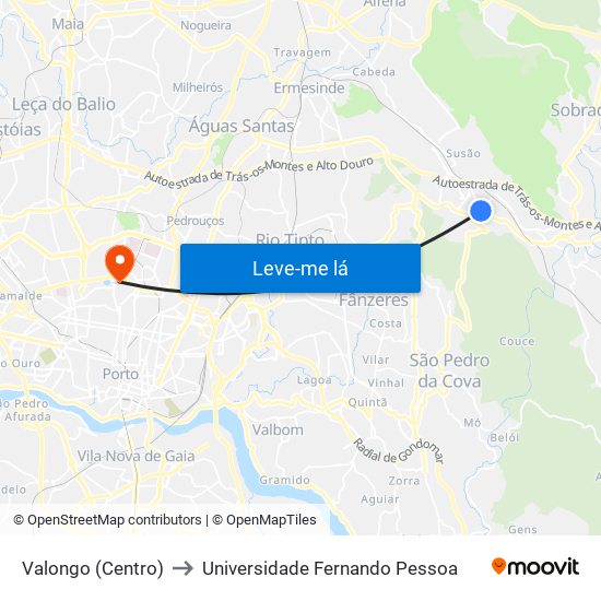 Valongo (Centro) to Universidade Fernando Pessoa map