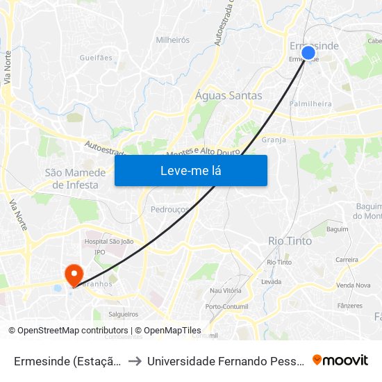 Ermesinde (Estação) to Universidade Fernando Pessoa map
