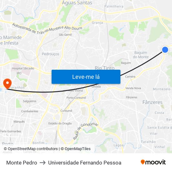 Monte Pedro to Universidade Fernando Pessoa map
