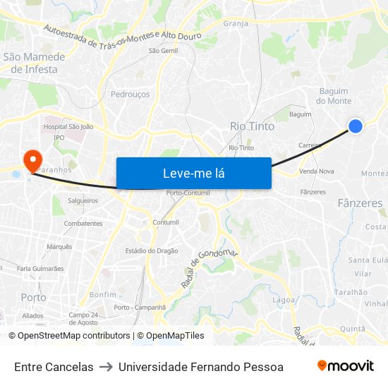 Entre Cancelas to Universidade Fernando Pessoa map